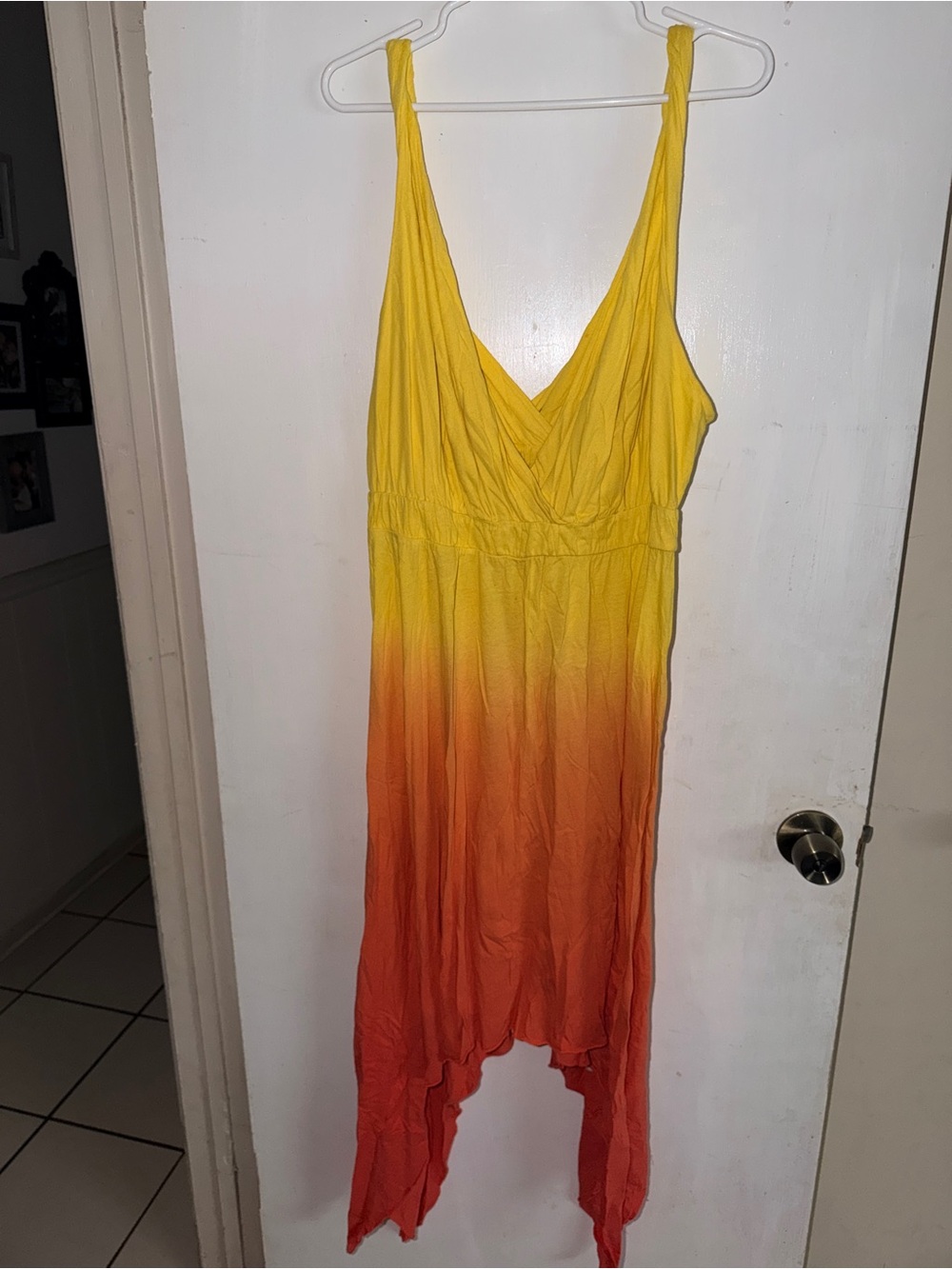 7 For All Mankind Yellow to Orange Ombre V-Neck Asymmetrical Dress